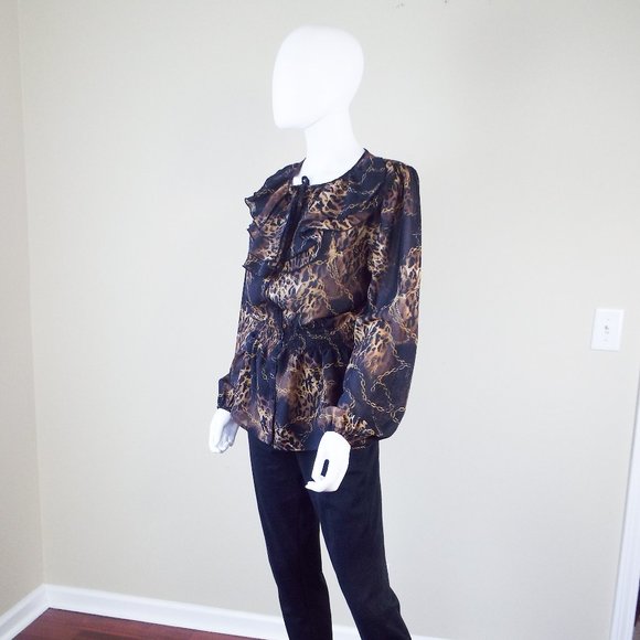 MISS TINA BLACK AND BROWN ANIMAL PRINT RUFFLE FRONT LONG SLEEVE BLOUSE - SZ 8/10 - Picture 3 of 5